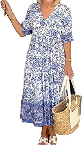 Hermosor Dresses V Neck Bohemian Dress for Women,Summer Causal Floral Printed Beach Dress,Short Loose Waist Puff Sleeve Dress (5XL, Blue) von MUGUOY