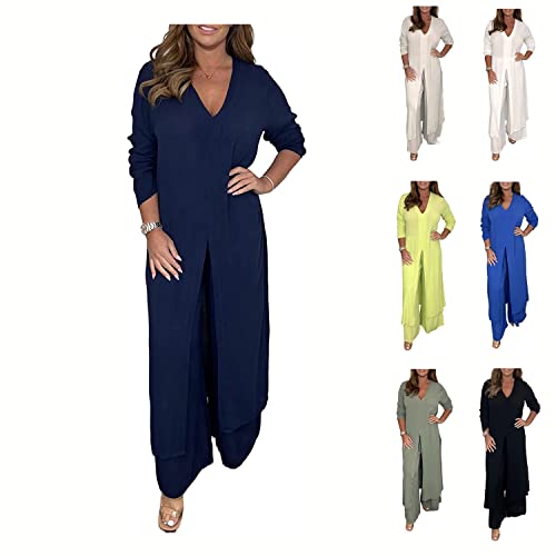 MUGUOY Casual Two Pieces Suit With Long Top & Matching Trouser, Summer V Neck Side Slit Long Sleeve Blouse and Wide Leg Pants Set, Soft Comfortable Fabric. (XL, Dark Blue) von MUGUOY