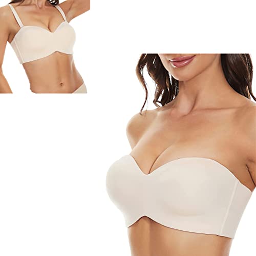 MUGUOY Full Support Non-Slip Convertible Bandeau Bra, Detachable-Strap Bandeau Bra, Comfort Soft Strapless Push Up Bralette, Plus Size Seamless Breathable Bra. (75G, Beige) von MUGUOY