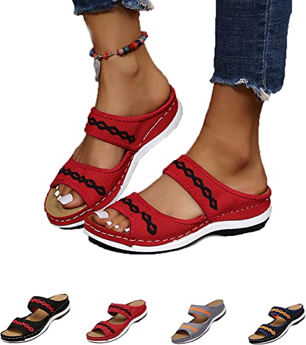 MUGUOY Grigral Sandals, Women's Orthopedic Arch Support Sandals, Comfortable Walking Cross Sandals, Summer Slip-on Wedge Open Toe Slippers for Women. (39 EU, Red) von MUGUOY