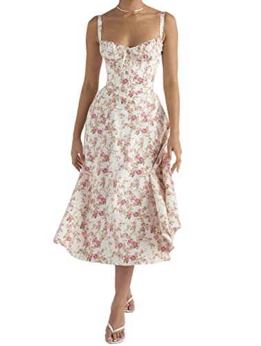MUGUOY Print Bustier Sundress, 2023 New Women Floral Corset Midi Dress, Summer Boho Square Neck Sleeveless Flowy Slit Print Fitted Cami Dress. (L, Pink Flowers) von MUGUOY