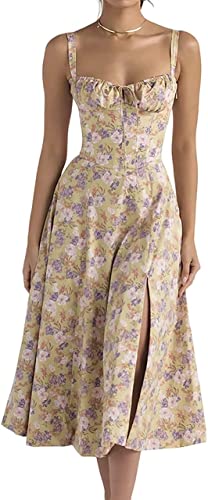 MUGUOY Print Bustier Sundress, 2023 New Women Floral Corset Midi Dress, Summer Boho Square Neck Sleeveless Flowy Slit Print Fitted Cami Dress. (M, Purple Flowers) von MUGUOY