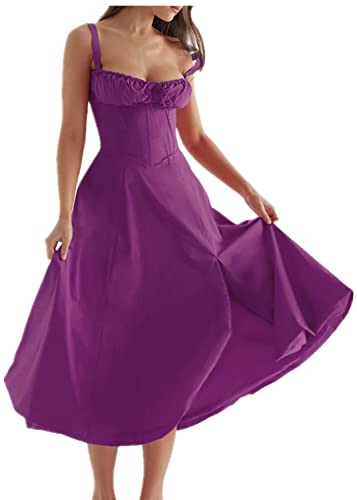 MUGUOY Print Bustier Sundress, 2023 New Women Floral Corset Midi Dress, Summer Boho Square Neck Sleeveless Flowy Slit Print Fitted Cami Dress. (S, Purple) von MUGUOY