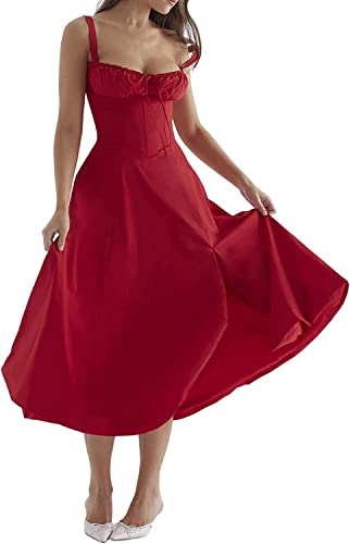 MUGUOY Print Bustier Sundress, 2023 New Women Floral Corset Midi Dress, Summer Boho Square Neck Sleeveless Flowy Slit Print Fitted Cami Dress. (S, Red) von MUGUOY