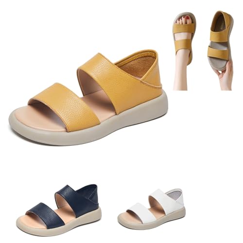 MUGUOY Thick Sole Women's Stylish Genuine Leather Sandals,Wide Width Comfortable Orthopedic Walking Sandals with Arch Support (Yellow, Erwachsene, Damen, 38, Numerisch, EU Schuhgrößensystem, M) von MUGUOY