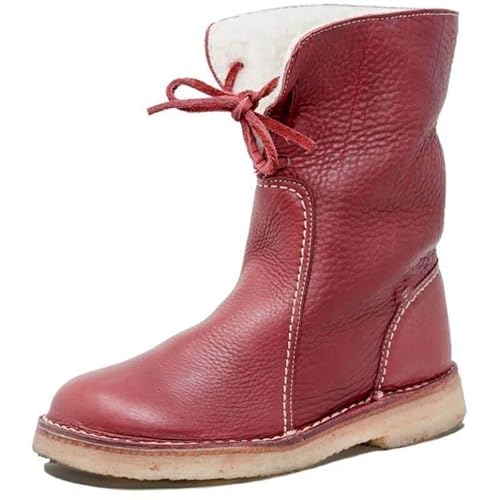 MUGUOY Vintage Buttery-Soft Waterproof Wool Lining Boots,Women's Round Toe Snow Boots,Non-Slip Comfort PU Leather Winter Boots (Red, Erwachsene, Damen, 39, Numerisch, EU Schuhgrößensystem, M) von MUGUOY