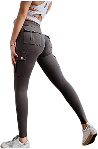 MUGUOY Women's Pocket Sexy Stretch Leggings Fitness Track Pants, Butt Lifting Capri Leggings for Workout, Yoga, Running. (L, Grau) von MUGUOY