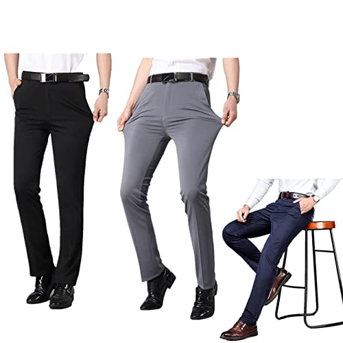 Men's Ice Silk Suit Pants - French Gentleman Non-Ironing Anti-Wrinkle Suit Pants, Men's Summer 4 Way Stretch Straight Business Formal Pants Are Cool and Breathable. (30, Schwarz+Grau+Blau) von MUGUOY