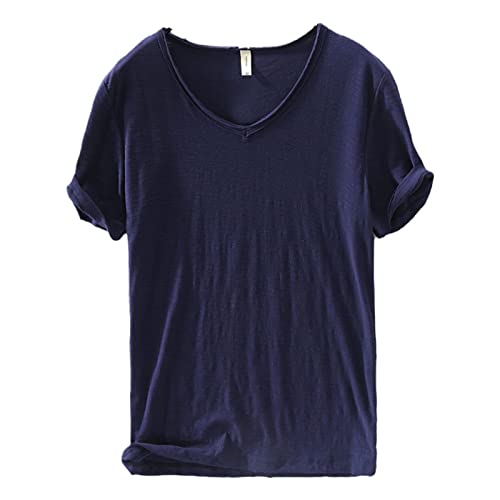 Premium Cotton Shirt, Men's Classic Fit Cotton Short-Sleeve,Breathable Casual Basic Tops T Shirts,V-Neck Undershirts for Men. (L, Dark Blue) von MUGUOY