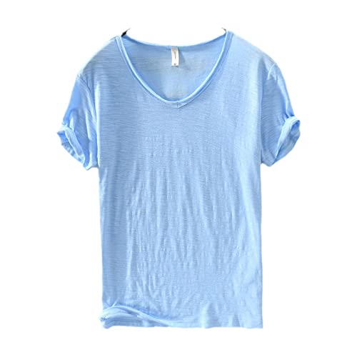 Premium Cotton Shirt, Men's Classic Fit Cotton Short-Sleeve,Breathable Casual Basic Tops T Shirts,V-Neck Undershirts for Men. (L, Light Blue) von MUGUOY