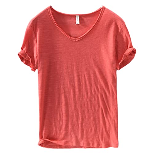 Premium Cotton Shirt, Men's Classic Fit Cotton Short-Sleeve,Breathable Casual Basic Tops T Shirts,V-Neck Undershirts for Men. (L, Red) von MUGUOY