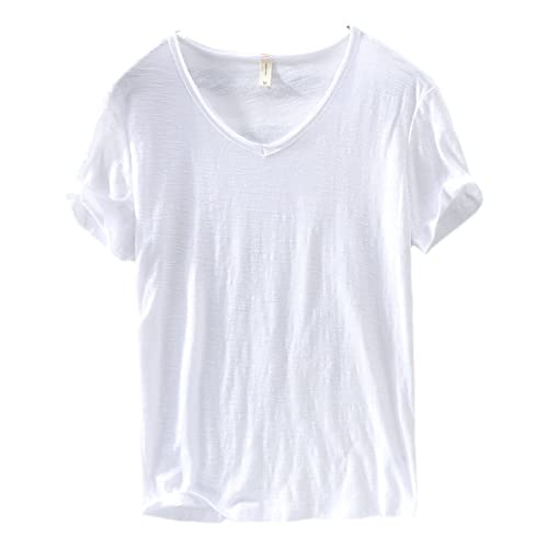 Premium Cotton Shirt, Men's Classic Fit Cotton Short-Sleeve,Breathable Casual Basic Tops T Shirts,V-Neck Undershirts for Men. (L, White) von MUGUOY