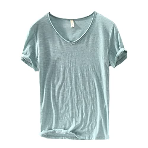 Premium Cotton Shirt, Men's Classic Fit Cotton Short-Sleeve,Breathable Casual Basic Tops T Shirts,V-Neck Undershirts for Men. (M, Light Green) von MUGUOY