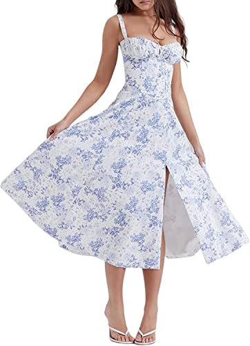 MUGUOY Print Bustier Sundress, 2023 New Women Floral Corset Midi Dress, Summer Boho Square Neck Sleeveless Flowy Slit Print Fitted Cami Dress. (M, Blue Flowers) von MUGUOY