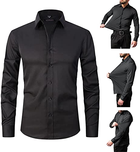 Stretch Anti-Wrinkle Shirt Men's, Long Sleeve Stretch Button Up Cotton Shirt Solid Slim Fit Casual Business Formal Dress Shirt. (S, Black) von MUGUOY