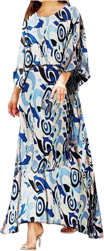 Swirl Slit Sleeve Maxi Dress Set, Crew Neck Loose Floral Casual Dress, Summer Floral Print Flowy Long Sleeve Beach Dress,Elegant Women Top and Skirt Set. (L, Blue) von MUGUOY