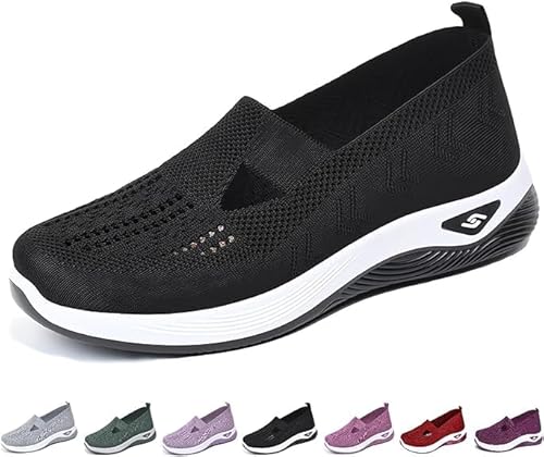 Women's Woven Orthopedic Breathable Soft Sole Shoes, Mesh Up Knit Stretch Slip-on Walking Sneakers with Arch Support (Black, Erwachsene, Damen, 41, Numerisch, EU Schuhgrößensystem, M) von MUGUOY