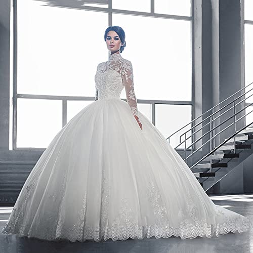 MUJARGPD Hochzeitskleider für Ältere Ärmel Eine Linie Langes Tüll -Spitzenapplikationsspiel Taille Brautkleid mit Zug Weiß Plus 46, Weiss, 46 von MUJARGPD