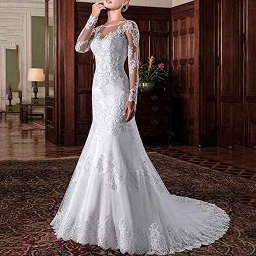 MUJARGPD Hochzeitskleider für v Hals Eine Linie Langarm Tüll Spitze Applikat Brautkleid mit Zug Weiß Plus 48, Weiss, 32 von MUJARGPD