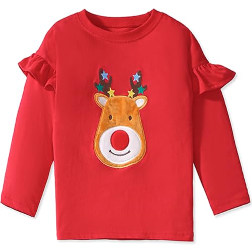 Mädchen Weihnacht Langarmshirt Baumwolle Weiche Rentier Pullover Kinder Langarm Shirt Weihnachtskleidung 104 von MUJOQE