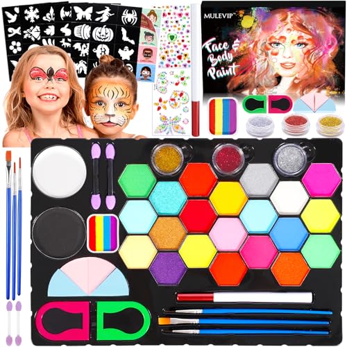 MULEVIP Kinderschminke Set 27 Farben Kinderschminken Set,Gesichtsfarbe Kinderschminken,Halloween Schminke mit 60 Schablonen,Strasssteine,Berufs Pinsel,Kinderschminken für Fasching Halloween Karneval von MULEVIP