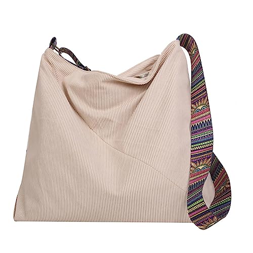 Damen-Handtaschen und Cord-Tragetasche für Damen, lässige Handtaschen, große Kapazität, Einkaufs-Schultertasche, Umhängetasche mit Tasche, cremeweiß, Large von MULTIONS