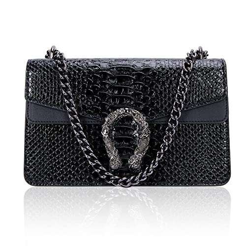 MULTIONS Crossbody Tasche und Umhängetasche für Frauen, Mode PU Leder Handtasche Abendtasche Gesteppte Schulranzen mit Kettenriemen, Schwarz , M von MULTIONS