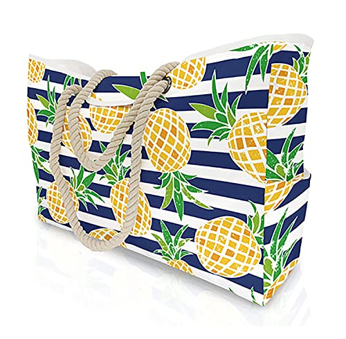 MULTIONS Extra große Damen Strandtasche mit Anti-Diebstahl-Magnetschnalle, Anti-Diebstahl-Strandtasche mit Innentasche Umhängetasche (XL, Pineapple Stripes) von MULTIONS