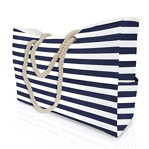 MULTIONS Extra große XXL Strandtasche Damen Tragetasche mit wasserdichtem Reißverschluss Oben, 7 Taschen für Reisen, Fitnessstudio, Schwimmen und Strandurla(XL, Navy Blue Stripes) von MULTIONS