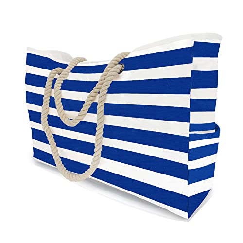 MULTIONS Extra große XXL Strandtasche Damen Tragetasche mit wasserdichtem Reißverschluss oben, 7 Taschen für Reisen, Fitnessstudio, Schwimmen und Strandurlaub (Blue White,XXL) von MULTIONS