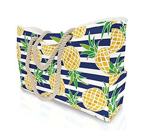 MULTIONS Große Strandtaschen für Damen mit faltbarer 100% wasserdichter Anti-Diebstahl-Magnetschnalle, Schultertasche mit Innentasche, Ananas-Streifen, XL von MULTIONS