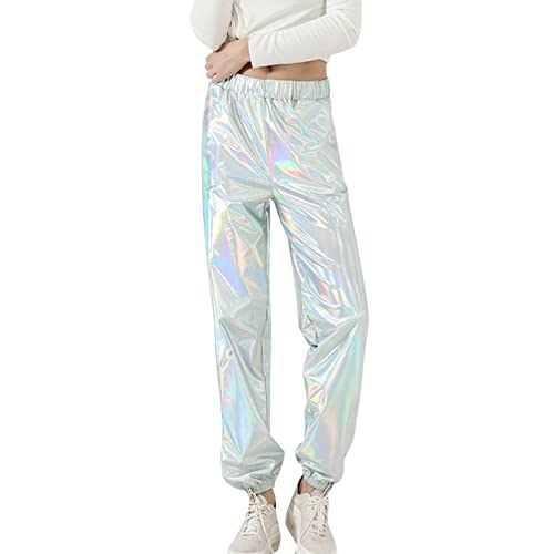 Damen Glänzend Wetlook Hose Elastischer Metallic Cargohose Hohe Taille Shiny Hip Hop Disco Fasching Karneval Kostüm Casual Tanzhose Lackleder Jogger Sporthose Streethose Partyhose Clubwear von MUMEOMU