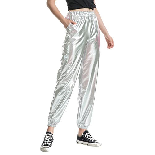 Damen Glänzend Wetlook Metallic Cargohose Elastischer Hohe Taille Hose Shiny Hip Hop Tanzhose Lackleder Jogger Casual Sporthose Streethose Partyhose Nachtclub Disco Fasching Karneval Kostüm Clubwear von MUMEOMU