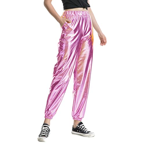 Damen Glänzend Wetlook Metallic Cargohose Elastischer Hohe Taille Hose Shiny Hip Hop Tanzhose Lackleder Jogger Casual Sporthose Streethose Partyhose Nachtclub Disco Fasching Karneval Kostüm Clubwear von MUMEOMU