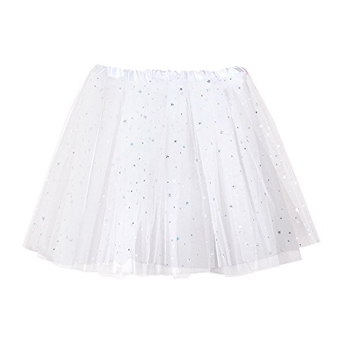 Damen Tüllrock Tüll Rock mit Pailletten Sternen Adult Teen Tütü Rock Minirock Petticoat Tanzkleid Dehnbaren Rock Retro 80er Party Prinzessin Ballett Tanzen Rock Halloween Karneval (White, One Size) von MUMEOMU