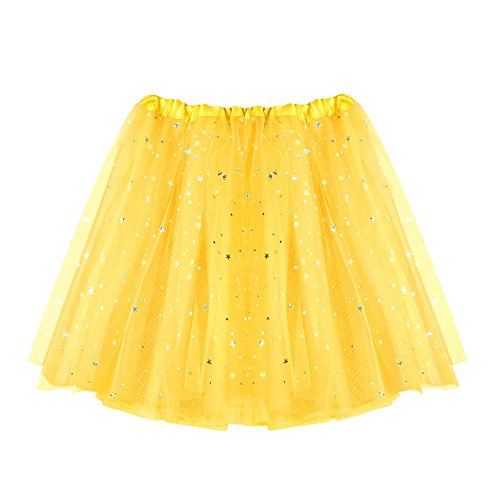 Damen Tüllrock Tüll Rock mit Pailletten Sternen Adult Teen Tütü Rock Minirock Petticoat Tanzkleid Dehnbaren Rock Retro 80er Party Prinzessin Ballett Tanzen Rock Halloween Karneval (Yellow, One Size) von MUMEOMU