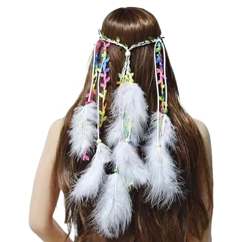 Feder Kopfschmuck Boho Quaste Hippie Stirnband Federschmuck Vintage Indian Böhmische Pfau Feder Kopfbedeckung Quaste Headwear Gürtel Haarband für Damen Mädchen Karneval Festival (White, One Size) von MUMEOMU