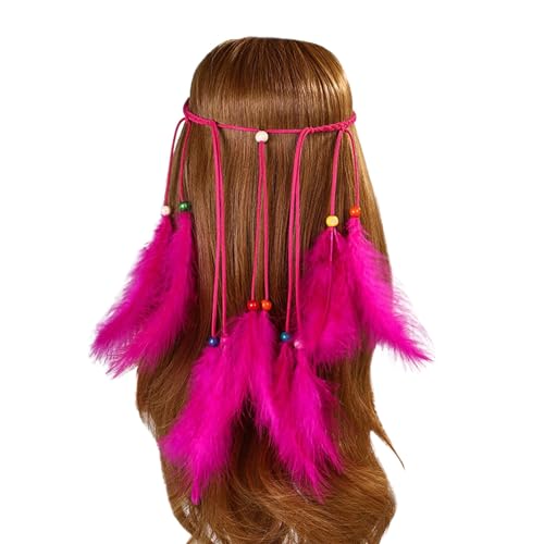 Feder Kopfschmuck Damen Karneval Kostüm Boho Hippie Indisch Stirnband Feder Stirnbänder Federschmuck Böhmische Kopfbedeckung Quaste Headwear für Erwachsene Mädchen Karneval (Hot Pink, One Size) von MUMEOMU