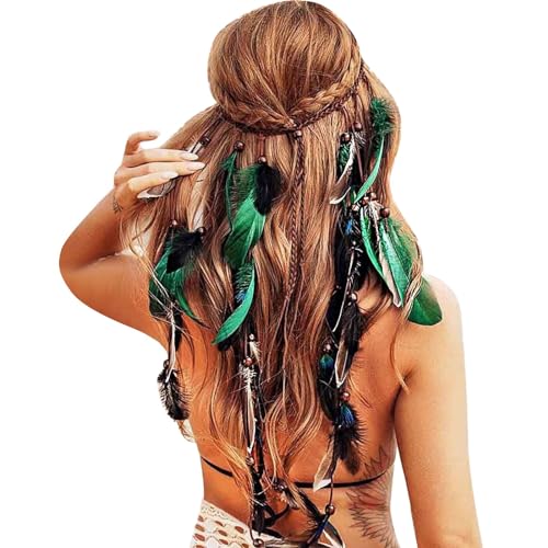 Frauen Bohemien Feder Quasten Stirnband Festival Gürtel Haarband Haarschmuck Hippie Boho Indisch Haarbänder Böhmische Karneval Damen Mädchen Federn Kopfschmuck Kostüm Accessoires (Green, One Size) von MUMEOMU