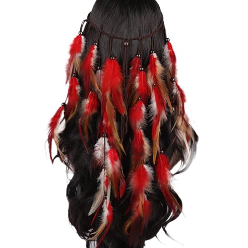 Haarband mit Federn indianisch Bohemian Haarschmuck Frauen Mädchen Pfau Feder Quasten Stirnband Gürtel Haarband Hippie Boho Haarbänder Vintage Festival Party Karneval Headwear (Red, One Size) von MUMEOMU