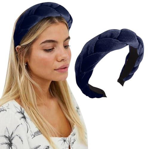 Haarreifen Damen Samt Haarreif Trachten Geflochten Stirnband, Damen Haarreif Breit Schwarz Haarschmuck, rutschfest, Vintage Gepolsterte Haarreifen, Stirnbänder Kopfband für Damen (Navy, One Size) von MUMEOMU