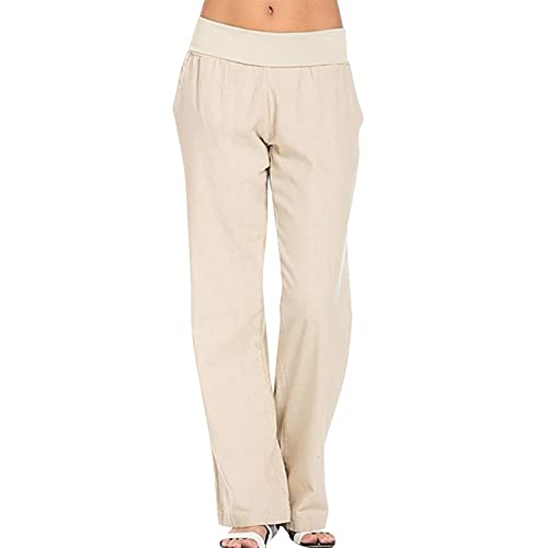 Hose Damen Lang Leinen Locker Sommerhose Gerade Geschnitten Hosen Leicht Jogginghose Yogahose Elastische Taille Pants Modische Strandhosen Loose Freizeithose Einfarbig Bequeme Stoffhose (A, M) von MUMEOMU