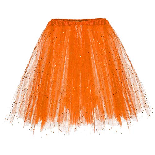 Karneval Damen Pailletten Tüllrock Dehnbaren Tütü Rock Minirock Erwachsene Petticoat Tanzkleid Tutu Rock Adult Teen Ballettrock Tüllrock für Party Ballett Tanzen Halloween Party (Orange, One Size) von MUMEOMU