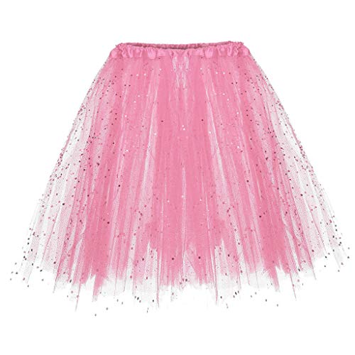 Karneval Damen Pailletten Tüllrock Dehnbaren Tütü Rock Minirock Erwachsene Petticoat Tanzkleid Tutu Rock Adult Teen Ballettrock Tüllrock für Party Ballett Tanzen Halloween Party (Q1-Pink, One Size) von MUMEOMU