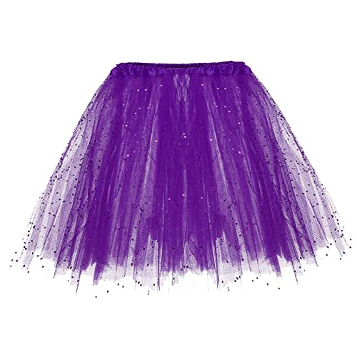 Karneval Kostüm Tüllrock Damen 50er Tütü Rock mit Pailletten Kurz Unterrock Petticoat Tutu Retro 50er Rockabilly Adult Teen Minirock Kurz Ballett Tanzkleid Party Halloween (Purple, One Size) von MUMEOMU