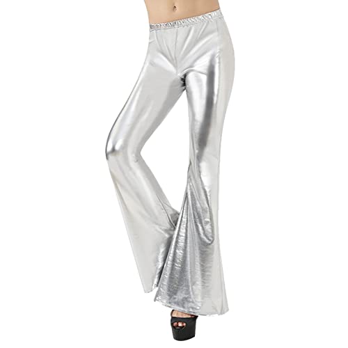 MUMEOMU Damen Leggings im Wetlook, Glänzend Metallisch Schlaghose Weite Bein Hosen Blickdicht Bleistifthose Fitness Mode Stretchhose für Party Tanz Disco Kostüm, Karneval, Fasching, Mottoparty, 70er von MUMEOMU