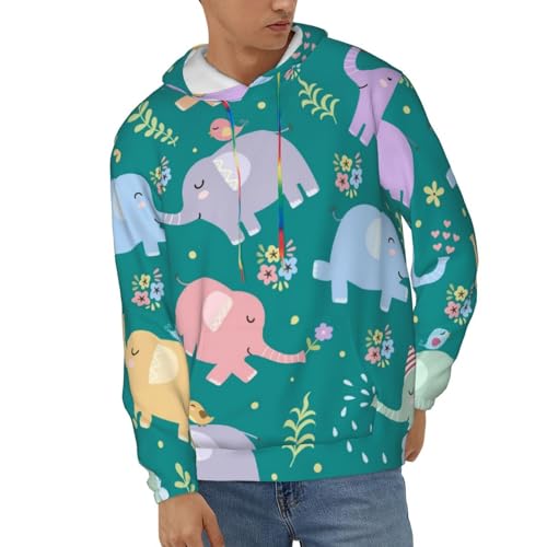 MUMICO Elefanten mit Vögel Muster Lässiger Kapuzenpullover Sweatshirt Langarm Kordelzug Hoodie mit Kängurutasche, mehrfarbig, XXXL von MUMICO