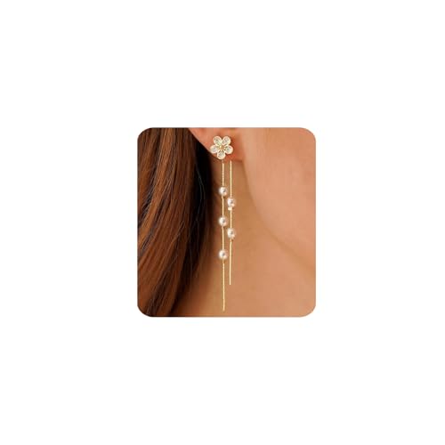 MUMREUES Ohrringe Gold Hängend 14 Karat Vergoldet Ohrringe Damen Stecker Blume Perle Quaste Lange Hypoallergen Wasserfest Minimalist Schmuck Geschenke von MUMREUES