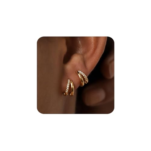 MUMREUES Ohrringe Gold Creolen 14K Vergoldet Ohrringe Damen Huggie Stecker mit Zirkonia Hypoallergen Wasserfest Minimalist Schmuck Geschenke von MUMREUES