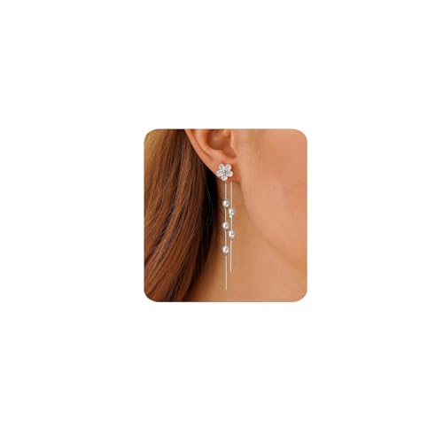 MUMREUES Ohrringe Silber Hängend 14 Karat Weißgold Vergoldet Ohrringe Damen Stecker Blume Perle Quaste Lange Hypoallergen Wasserfest Minimalist Schmuck Geschenke von MUMREUES